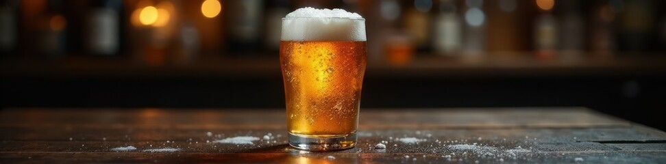 Condensation-covered glass of beer on dark wood table , tavern, beverage