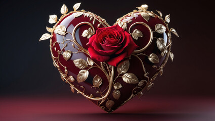 Obraz premium Beautiful Heart Shaped Deep Red Ornament with Blooming Red Rose and Golden Stem on Dark Red Background for Elegant Wedding and Special Occasion Decorations Romantic Wallpaper Background