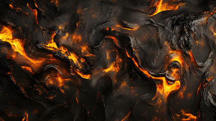 Abstract fiery lava texture background, molten rock digital art, fiery orange and black swirls, hot magma illustration, intense heat energy, volcanic eruption simulation