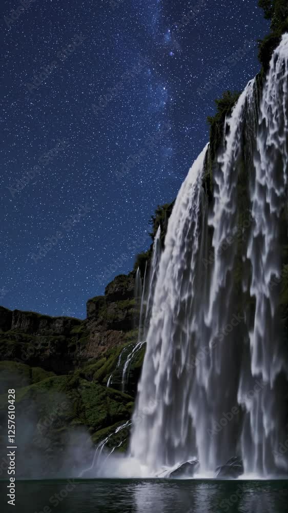 Poster cascading waterfalls under a starry night sky, with soft glowing mist and gentle reflections on the 