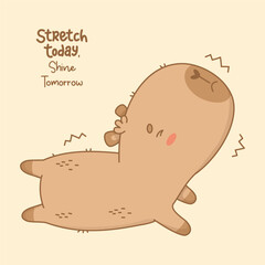 Capybara Athlete is engaged in fitness. Lies on stomach and stretches. Funny kawaii animal sportsman yogi with motivational quote. Vector illustration