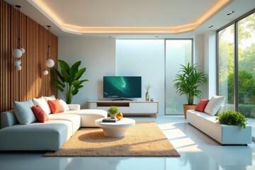 Modern minimalist living room design with sunlight streaming through large windows, showcasing a comfortable sectional sofa, stylish d?cor, and a flat-screen television
