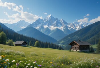 Idyllic Alpine Retreat: Meadows, Mountains, and Rustic Charm in Perfect Harmony