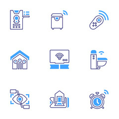 Smart house icon set. Bold line style. Duotone colors. Editable stroke. control, toilet, alarm, remote, smart home, smart trash, smart tv