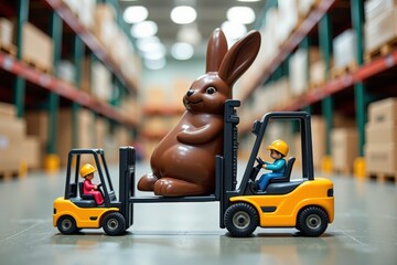 A Playful Scene of Toy Forklifts Transporting a Large Chocolate Bunny in a Warehouse, Showcasing a Unique Blend of Fun and Industry