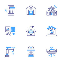 Smart house icon set. Bold line style. Duotone colors. Editable stroke. smart house, home automation, home security, trash, coffee maker, air conditioner, curtain, wifi