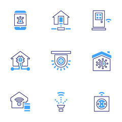 Smart house icon set. Bold line style. Duotone colors. Editable stroke. smart lock, home, smart door, smartphone, air conditioner, socket, network, alarm, sprinkler