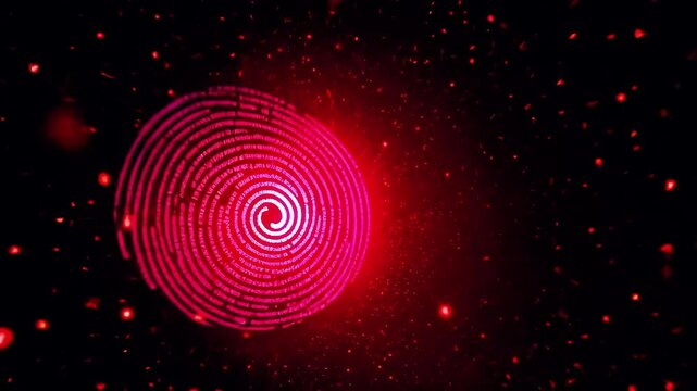 Abstract spiral design with glowing red particles on a black background, creating a mesmerizing effect
