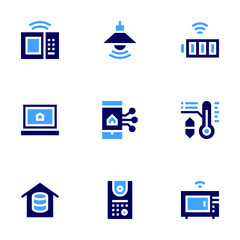 Smart house icon set. Bold style. Duotone colors. battery, air conditioner, microwave oven, microwave, laptop, lamp, smartphone, database, intercom