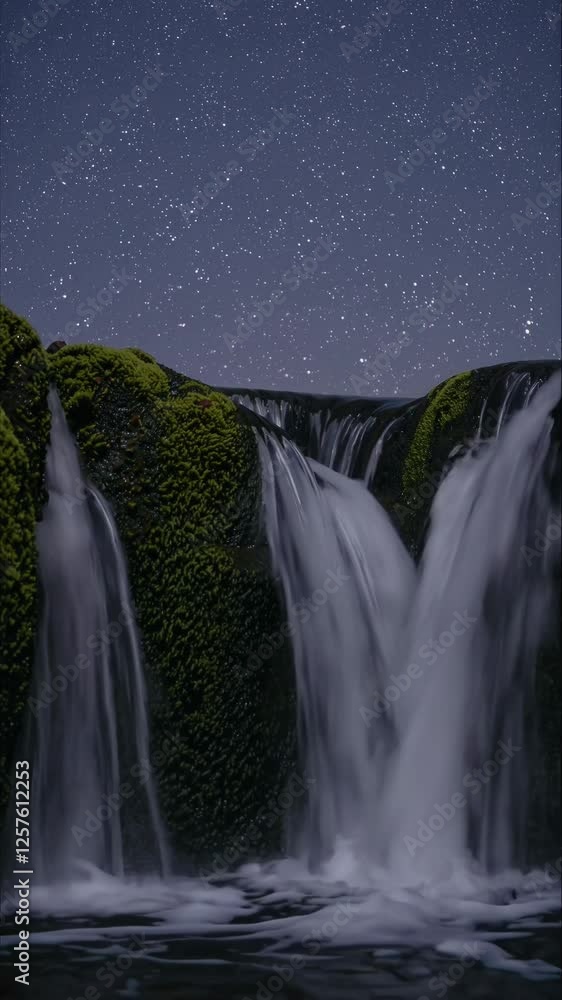 Poster cascading waterfalls under a starry night sky, with soft glowing mist and gentle reflections on the 