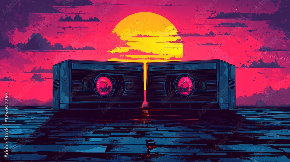 Poster horizontal distortion of a broken video image on a black background with a vhs effect and glitchy di