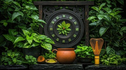 Fototapeta premium Serene Matcha Ceremony Garden Setting With Lush Greenery