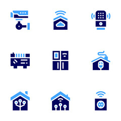 Smart house icon set. Bold style. Duotone colors. smart home, cctv, heater, domotics, voice assistant, smarthome, socket, refrigerator