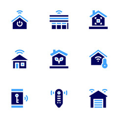 Smart house icon set. Bold style. Duotone colors. smart home, house, smart garage, smart key, smart curtain, eco home, remote control