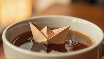 Paper boat floating in tea cup, serene ambiance of nostalgia