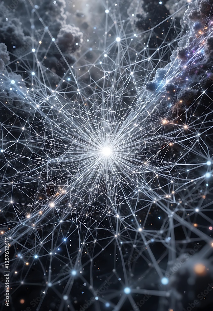 Poster abstract neural network design with connecting cloud nodes and glowing core