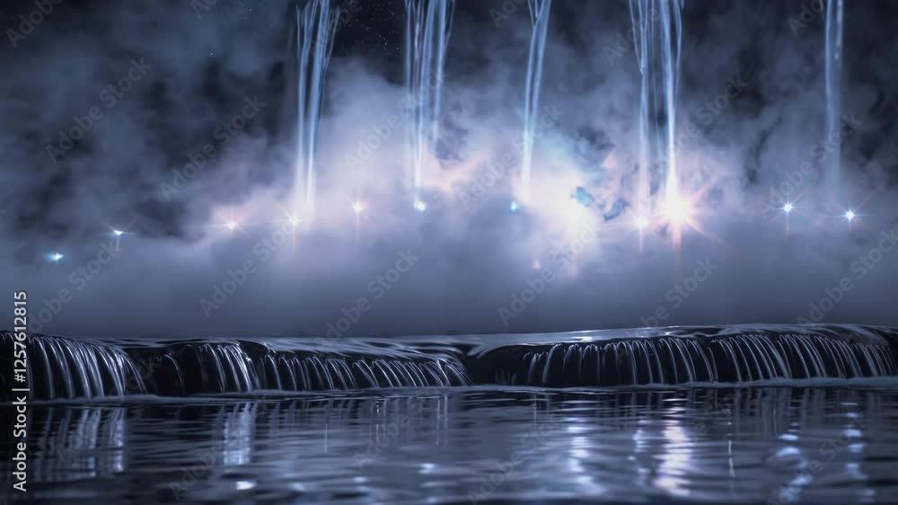Poster cascading waterfalls under a starry night sky, with soft glowing mist and gentle reflections on the 