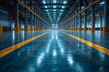 Fototapeta premium Inside a huge, silent warehouse, rows of overhead lights cast their glow across the shiny floor, stretching the view out widely