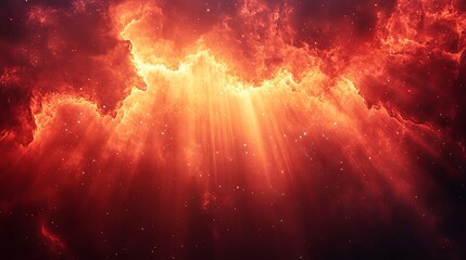 A captivating cosmic scene of a fiery red nebula with radiant bursts of light spreading through the galaxy. The vivid hues and celestial brilliance evoke a sense of infinite space and wonder.