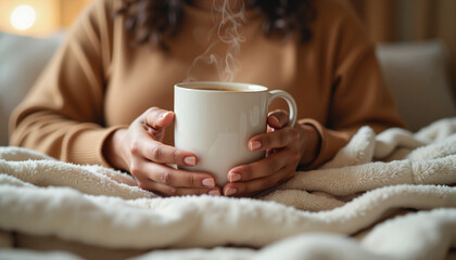 Relaxed young Black woman holding a steaming cup indoors, comfort