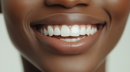 White teeth closeup, beautiful smile of African American woman healthy smile. Dental health and hygiene concept.