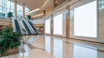 Fototapeta premium In a metro station, a mockup of a blank poster showcases three tall vertical posters in portrait orientation, set against a metro escalator backdrop.