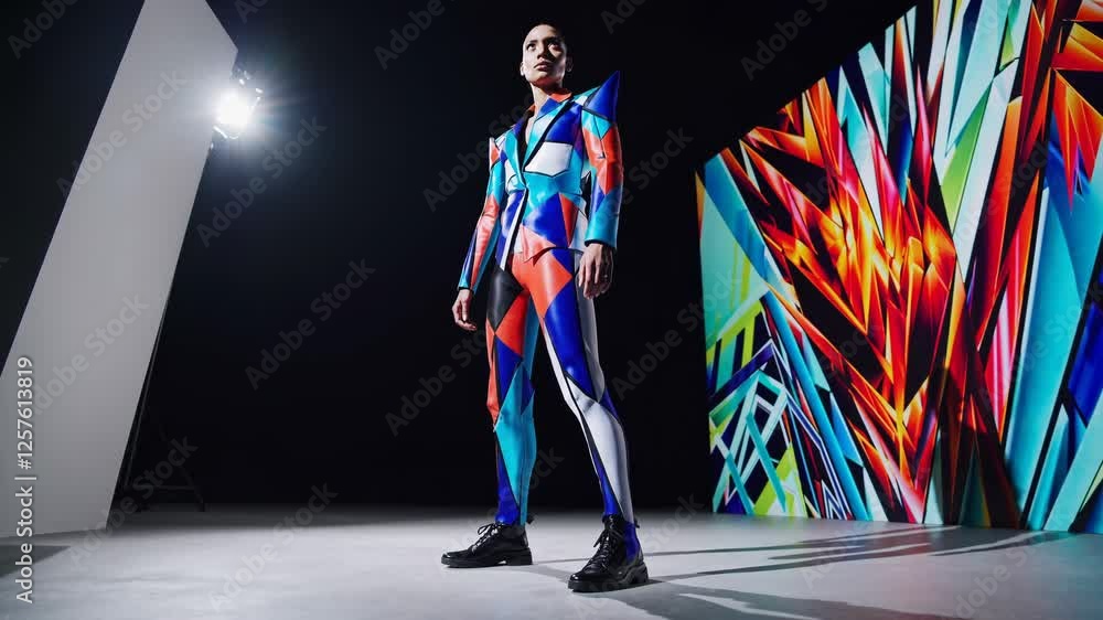 Poster geometric patterns on a vibrant suit, creating a dynamic and modern fashion design against an abstra