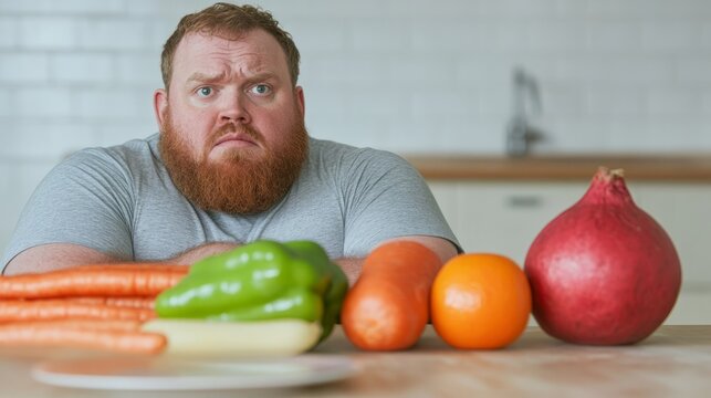 Man with a worried expression sits at a kitchen table surrounded by fresh vegetables and fruits, expressing concern about healthy eating choices