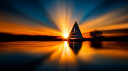 A sailboat is silhouetted against the setting sun on a calm lake