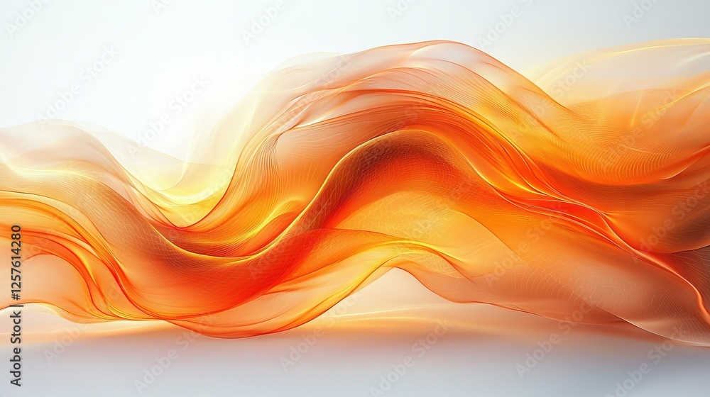 Poster a visual display with orange and red waves resting on a white background
