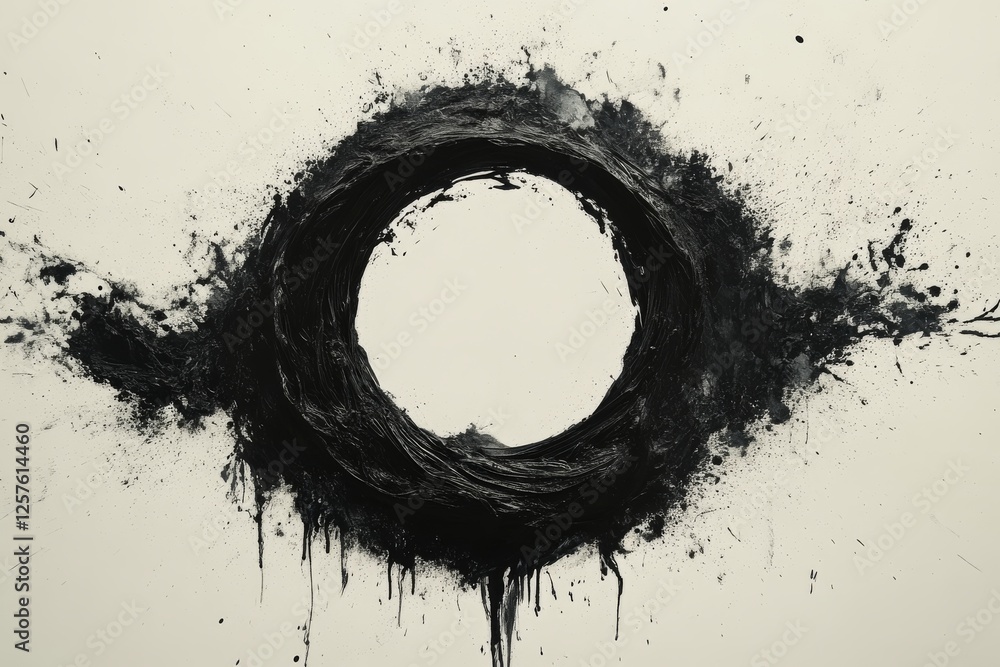 Poster a bold circular black ink splash with rough textures and dripping edges on a white canvas. the abstr