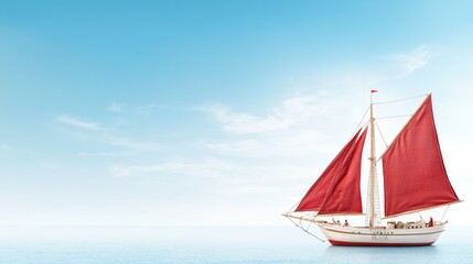 Fototapeta premium A white boat with red sails floating in the ocean