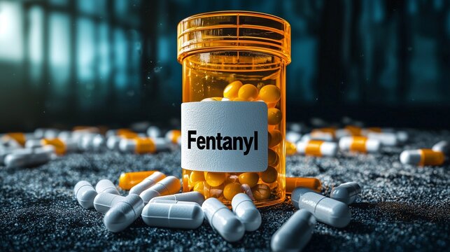 Pills and bottle symbolize fentanyl addiction and overdose crisis.