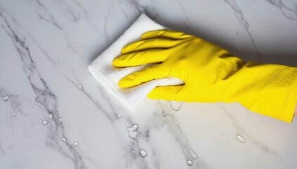 A hand wearing yellow gloves wiping a wet surface with a white cleaning cloth, symbolizing deep cleaning, home care, and spring renewal. Ideal for themes of hygiene, seasonal home refresh, and eco-fri
