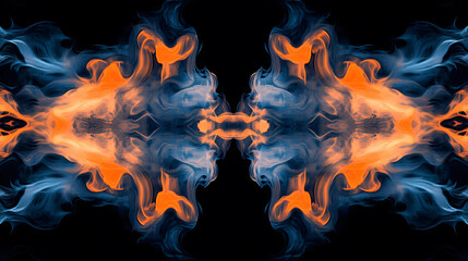 Abstract Symmetrical Artwork of Blue and Orange Smoke Swirls on Black Background