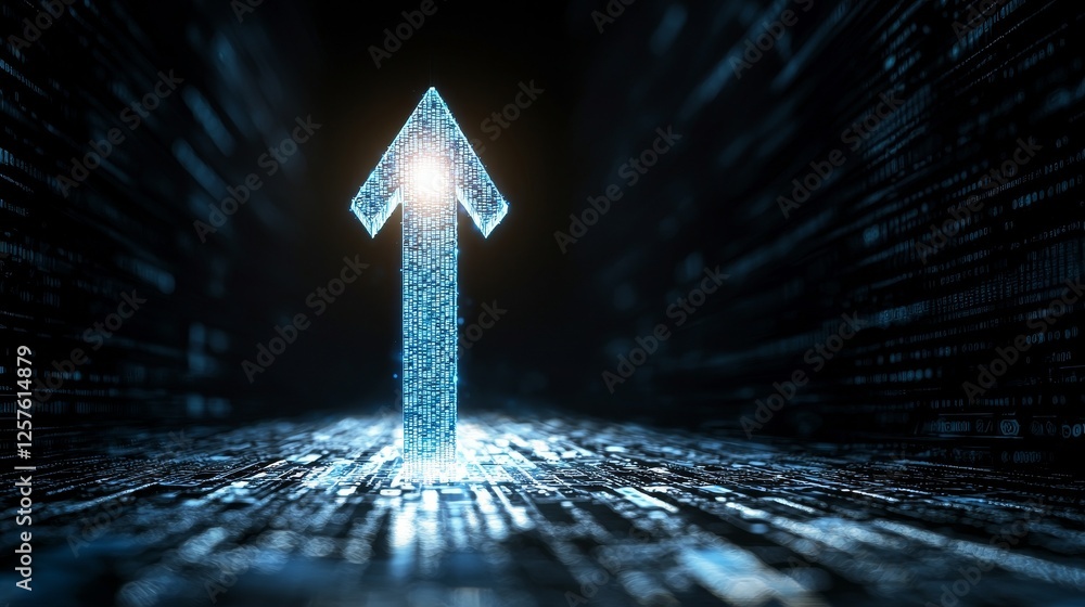 Poster abstract background featuring blue glowing arrows pointing upwards, symbolizing growth and progress 