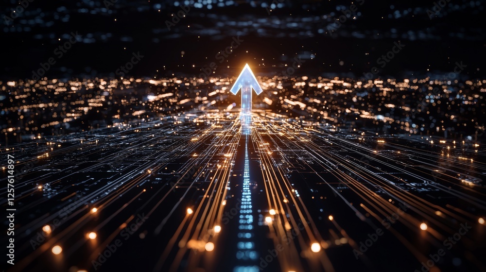 Poster abstract design with blue glowing arrows pointing upwards, showcasing growth and progress in technol
