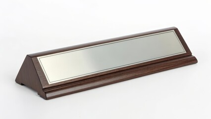 Desk Nameplate, Wooden, Silver, Rectangular, Triangle Base, White Background