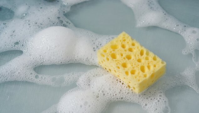 A yellow sponge floating in soapy water with foam bubbles, representing cleanliness, freshness, and spring cleaning. Ideal for themes of household care, eco-friendly cleaning, and seasonal home refres