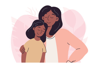 Loving mother embracing her daughter in a warm and affectionate hug, vector isolated illustration. Tender family moment in modern flat style. Perfect for Mother's Day, parenting, family care themes.