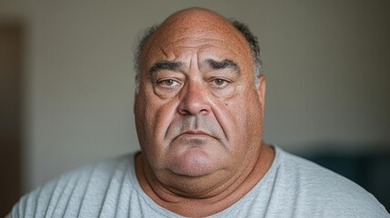 Obraz premium Serious man with a focused expression in a casual gray shirt, showing deep contemplation in a softly lit indoor setting, captured in a portrait style.