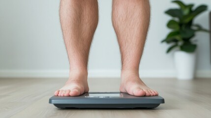 Person Standing on Bathroom Scale with Bare Feet in Modern Home Interior Surrounded by Indoor Plant for Health and Wellness Concept