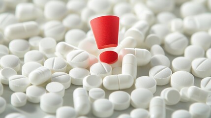 White pills with a red exclamation mark symbolize medication safety alert.