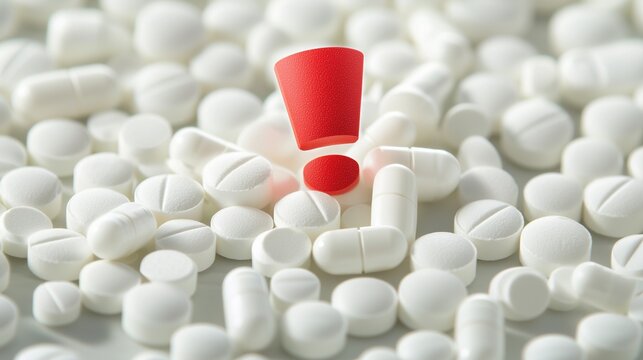White pills with a red exclamation mark symbolize medication safety alert.