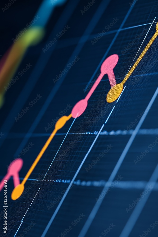 Poster digital display colorful connected data points line graphs on subtle blue business growth charts.