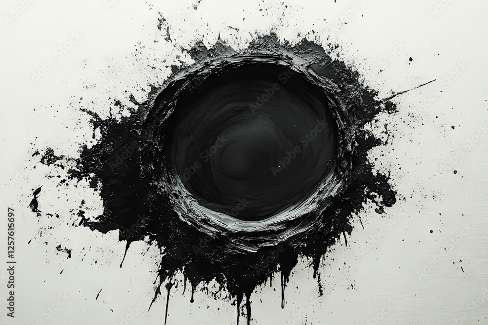 Poster a bold circular black ink splash with rough textures and dripping edges on a white canvas. the abstr