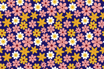 Hand drawn cute seamless pattern with spring wild flowers. Pattern for wallpaper, fabric, textile, posters, cards. Vector illustration