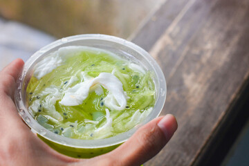 Young coconut ice with pandan syrup
