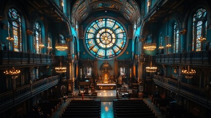 Naklejka premium Majestic church interior, stained glass, pews, worship space