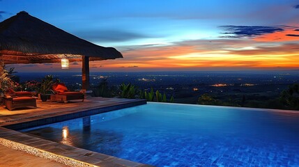 Obraz premium Sunset poolside luxury villa, city view